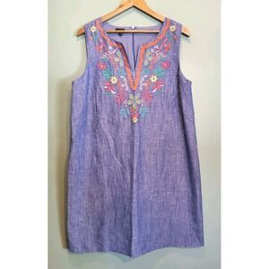 Talbots Blue Linen Blend Embroidered A-line Dress Vacation Sz 14w